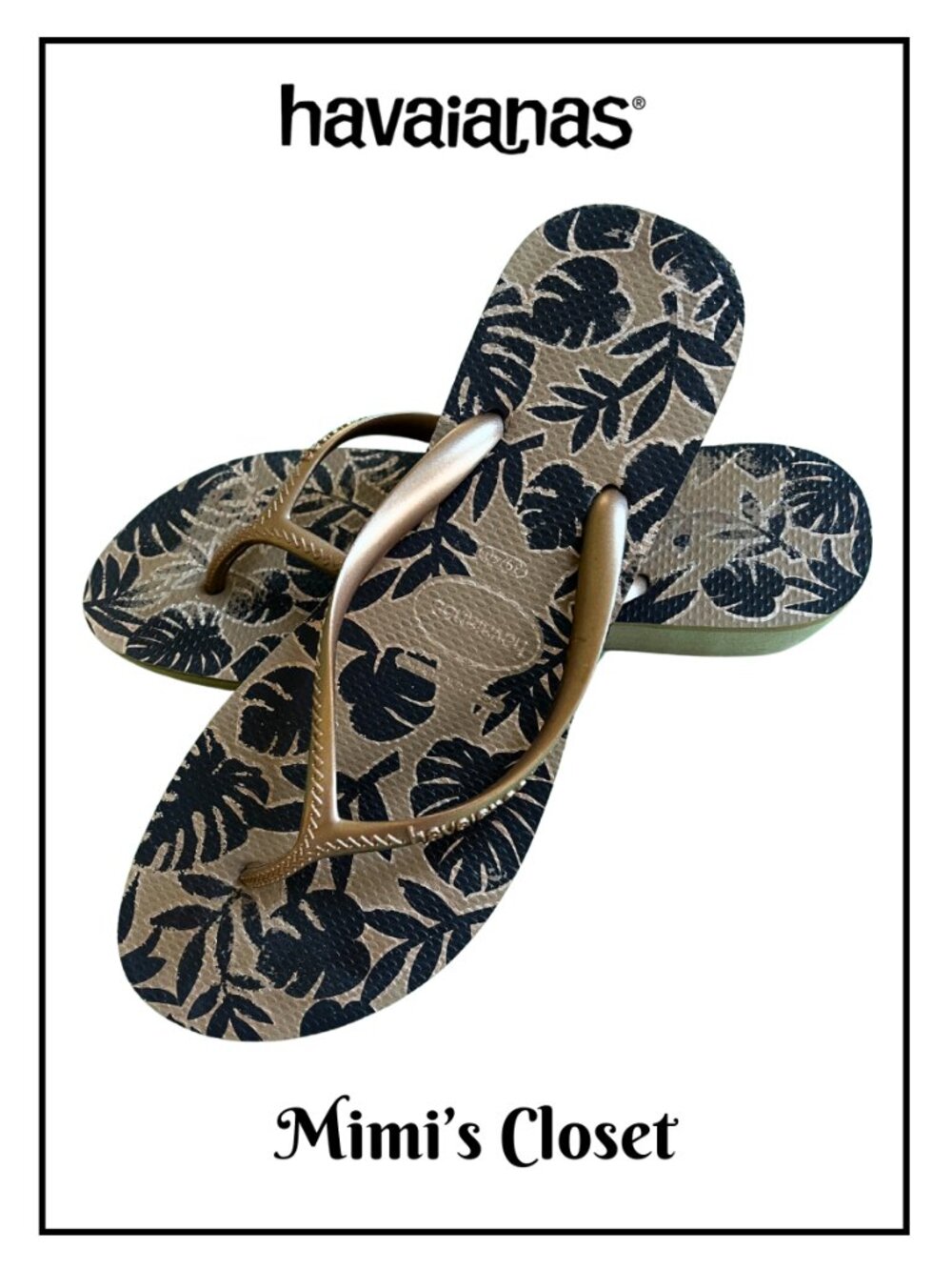 HAVAIANAS Black and Tan Tropical Sandals - Size USA 9/10
